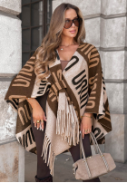 Eșarfă ponczo oversize cu modele No Reply beżowo-negru