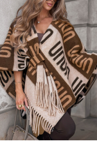 Eșarfă ponczo oversize cu modele No Reply beżowo-negru