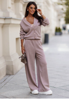 Prążkowany Compleu Pulover i Pantaloni wide leg Simple Escape ciocolatiu