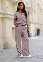 Prążkowany Compleu Pulover i Pantaloni wide leg Simple Escape ciocolatiu