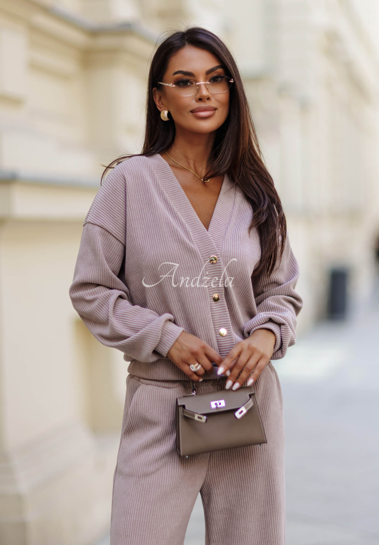 Compleu din catifea reiată din bumbac cu bluză și pantaloni wide leg Simple Escape