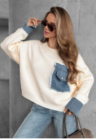 Pulover z denimowymi wstawkami Closer Now de culoarea vaniliei