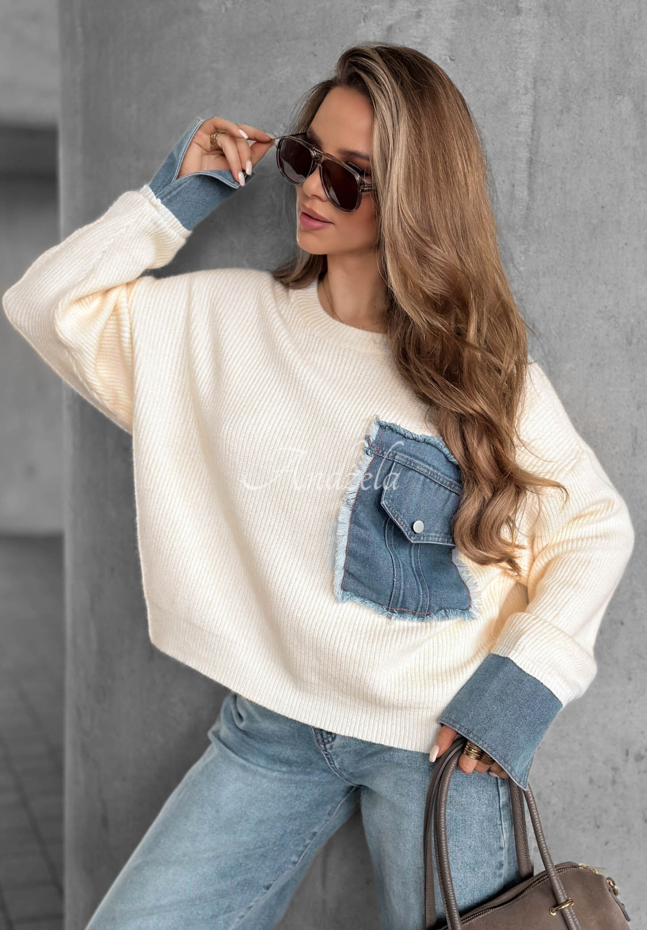 Pulover din viscoză cu inserții din denim Closer Now