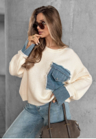 Pulover z denimowymi wstawkami Closer Now de culoarea vaniliei