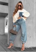 Pulover z denimowymi wstawkami Closer Now de culoarea vaniliei