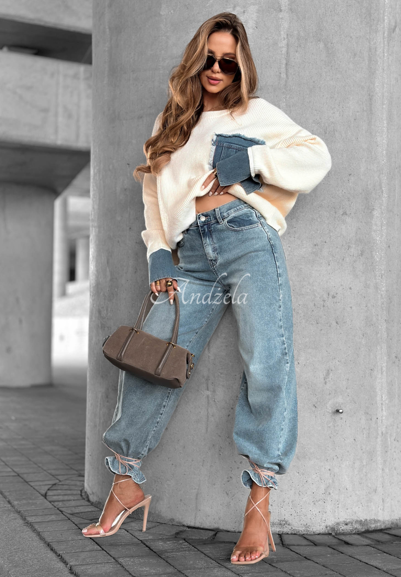 Pulover din viscoză cu inserții din denim Closer Now