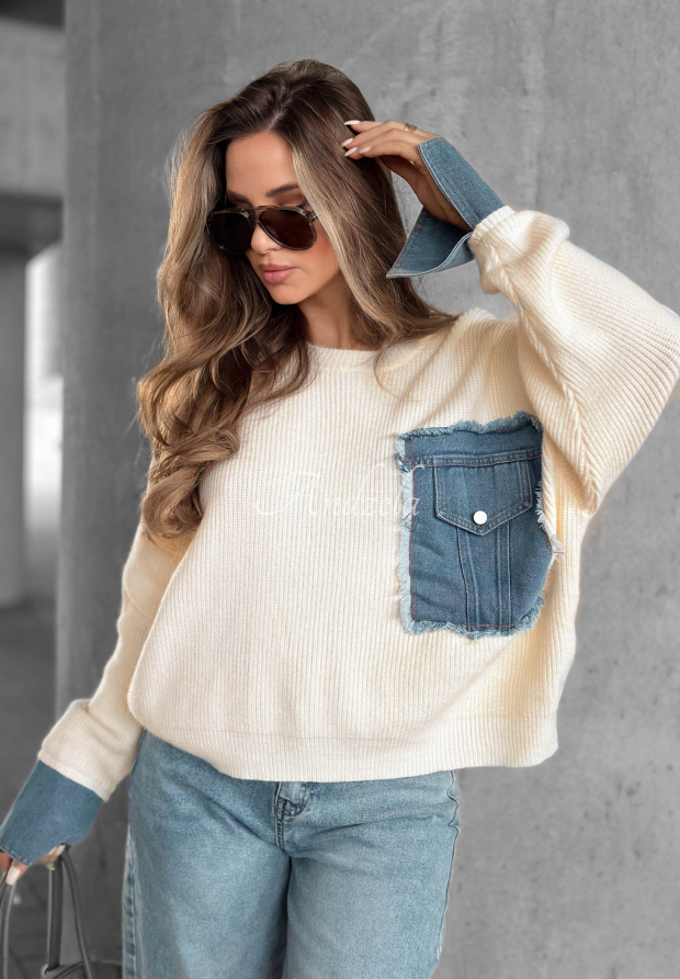 Pulover din viscoză cu inserții din denim Closer Now