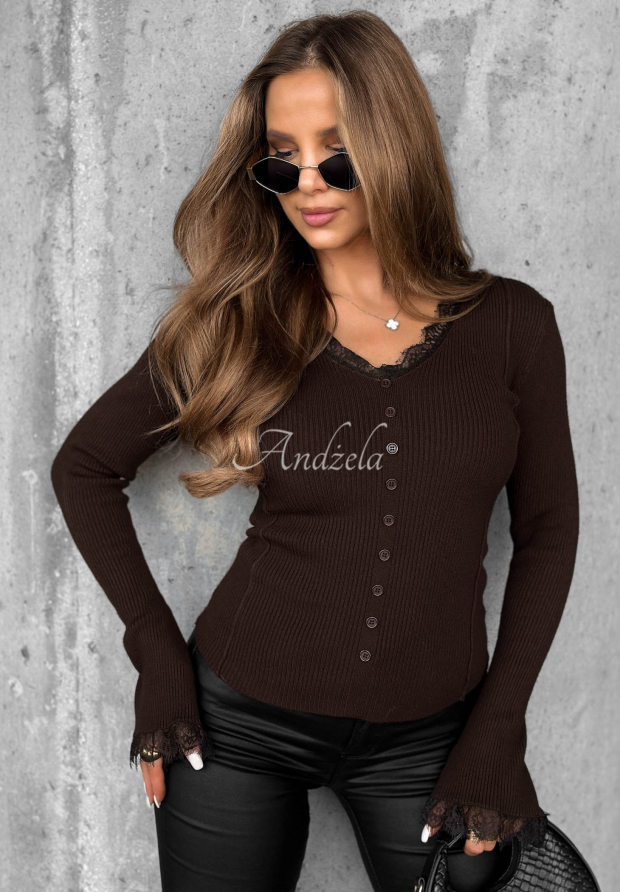 Bluză din v&acirc;scoză cu striații, dantelă și m&acirc;neci largi Velvet Charm