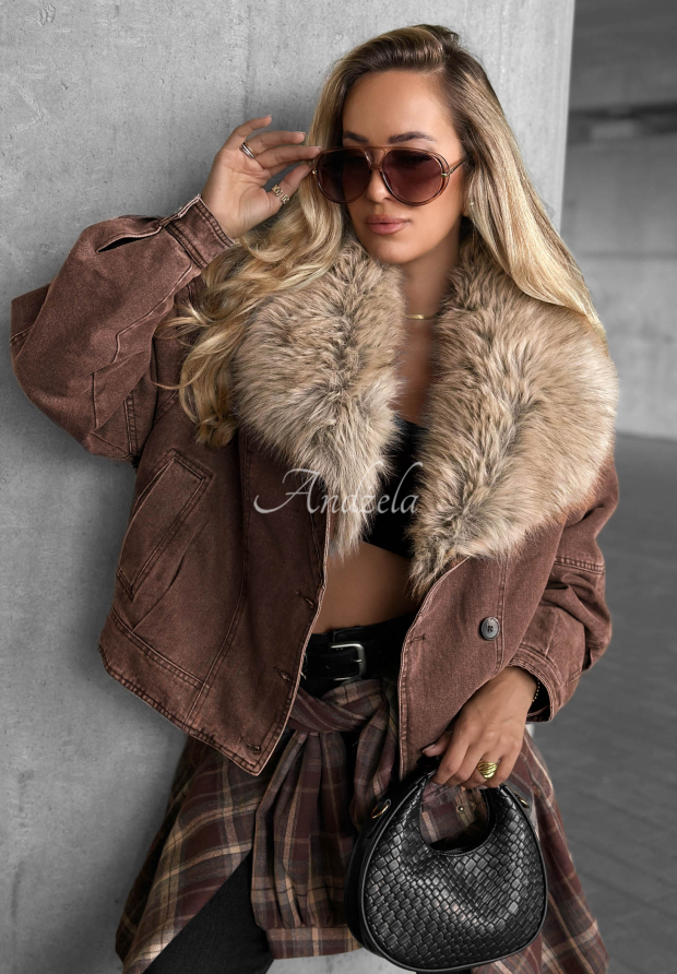 Jachetă scurtă din denim cu blăniță Autumn Teddy