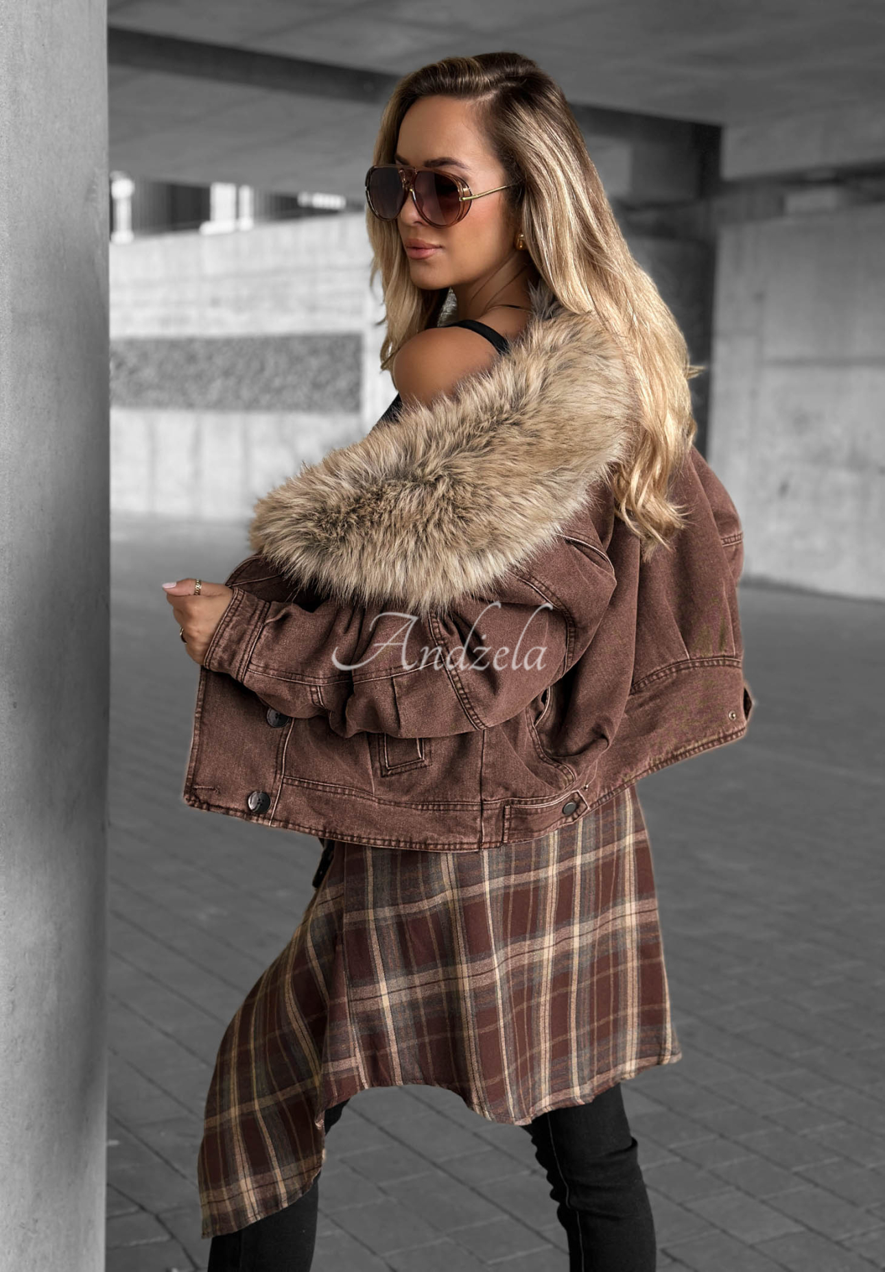 Jachetă scurtă din denim cu blăniță Autumn Teddy