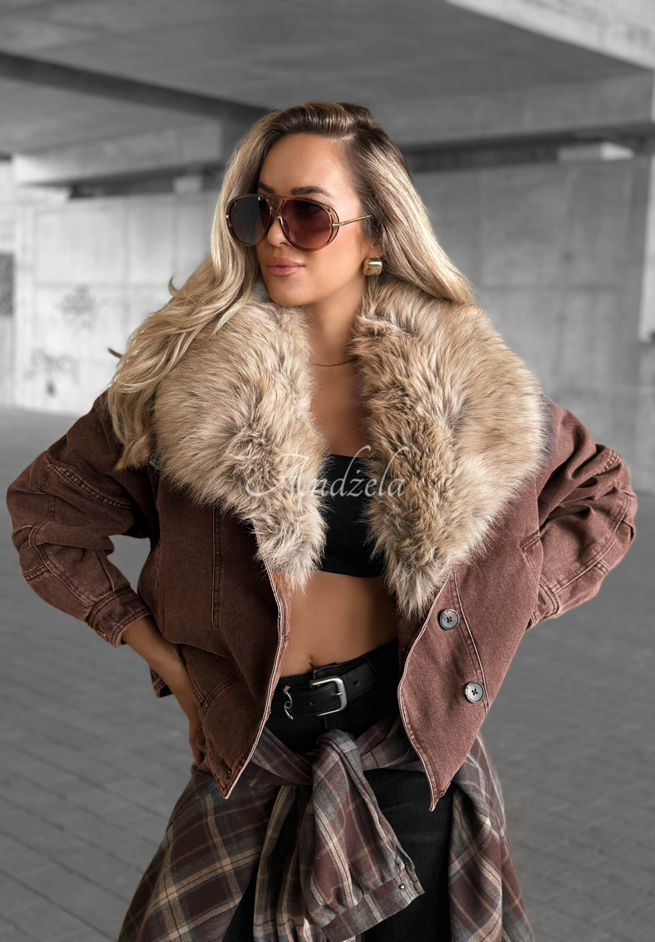 Jachetă scurtă din denim cu blăniță Autumn Teddy