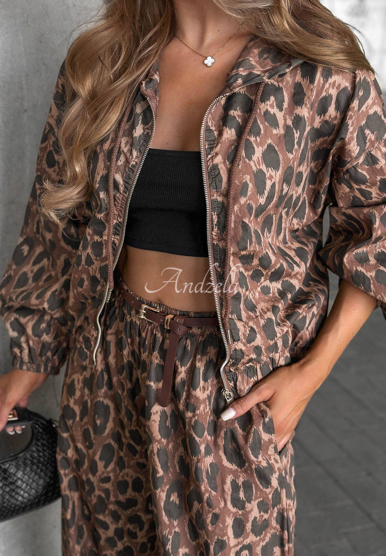 Set din bumbac cu jachetă bomber și pantaloni jogger cu imprimeu leopard Fall Essence