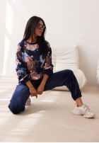 Welurowy Compleu de trening w kwiaty Floral Kiss ciocolatiu