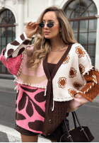 Wzorzysty Cardigan z łączonych tkanin Slow Down czekoladowo-roz