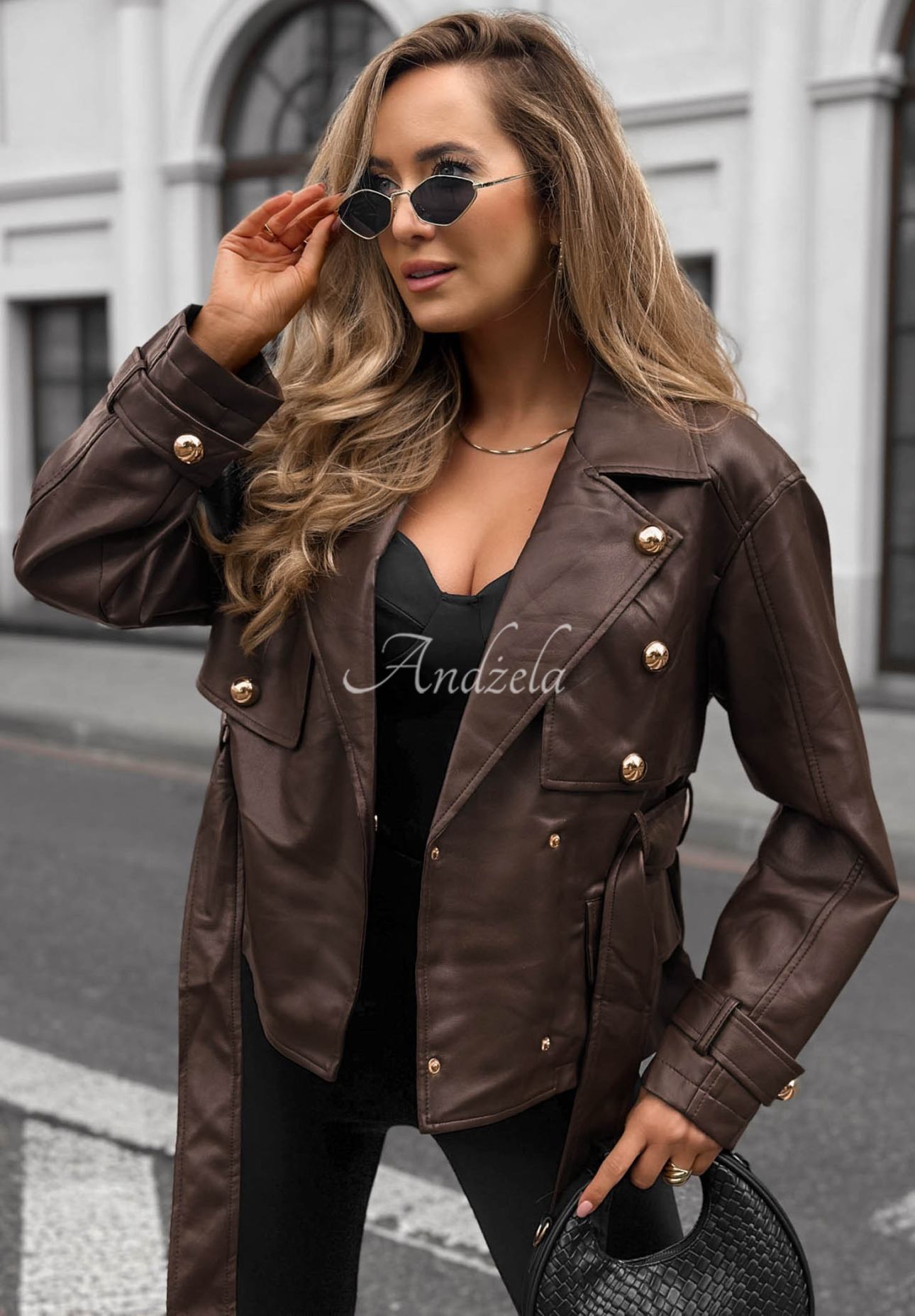 Pardesiu scurt din piele cu curea Coffee Bliss