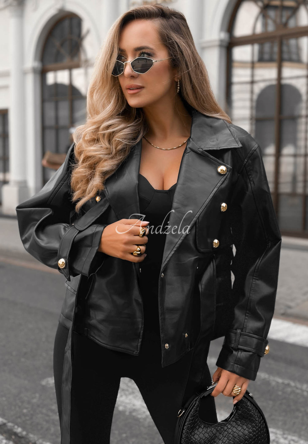 Pardesiu scurt din piele cu curea Coffee Bliss