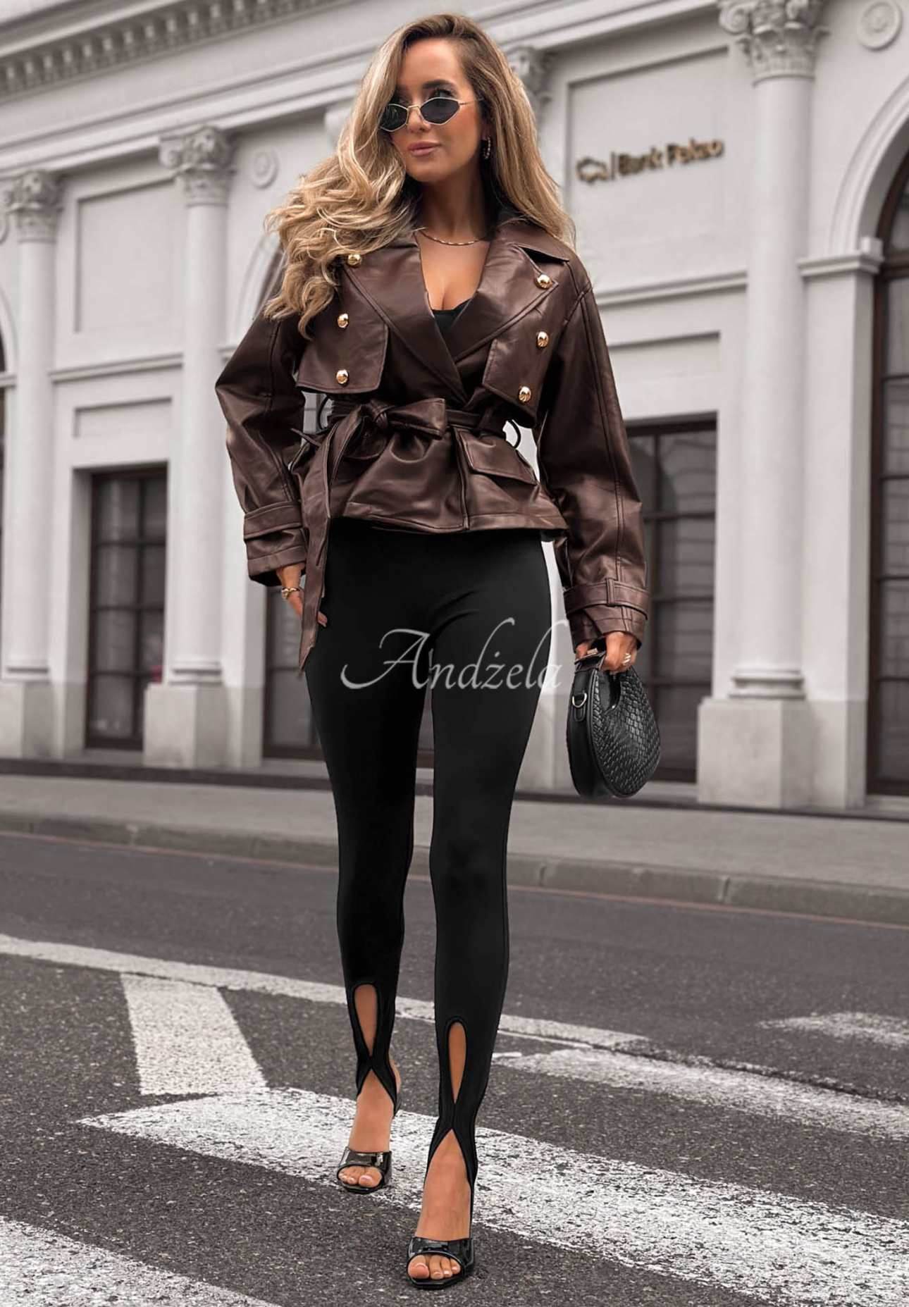 Pardesiu scurt din piele cu curea Coffee Bliss