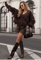 Krótki rozpinany Cardigan z frędzlami Feels Cozy ciocolatiu