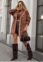 Długi Cardigan oversize z frędzlami cu modele Autumn Goddess ciocolatiu