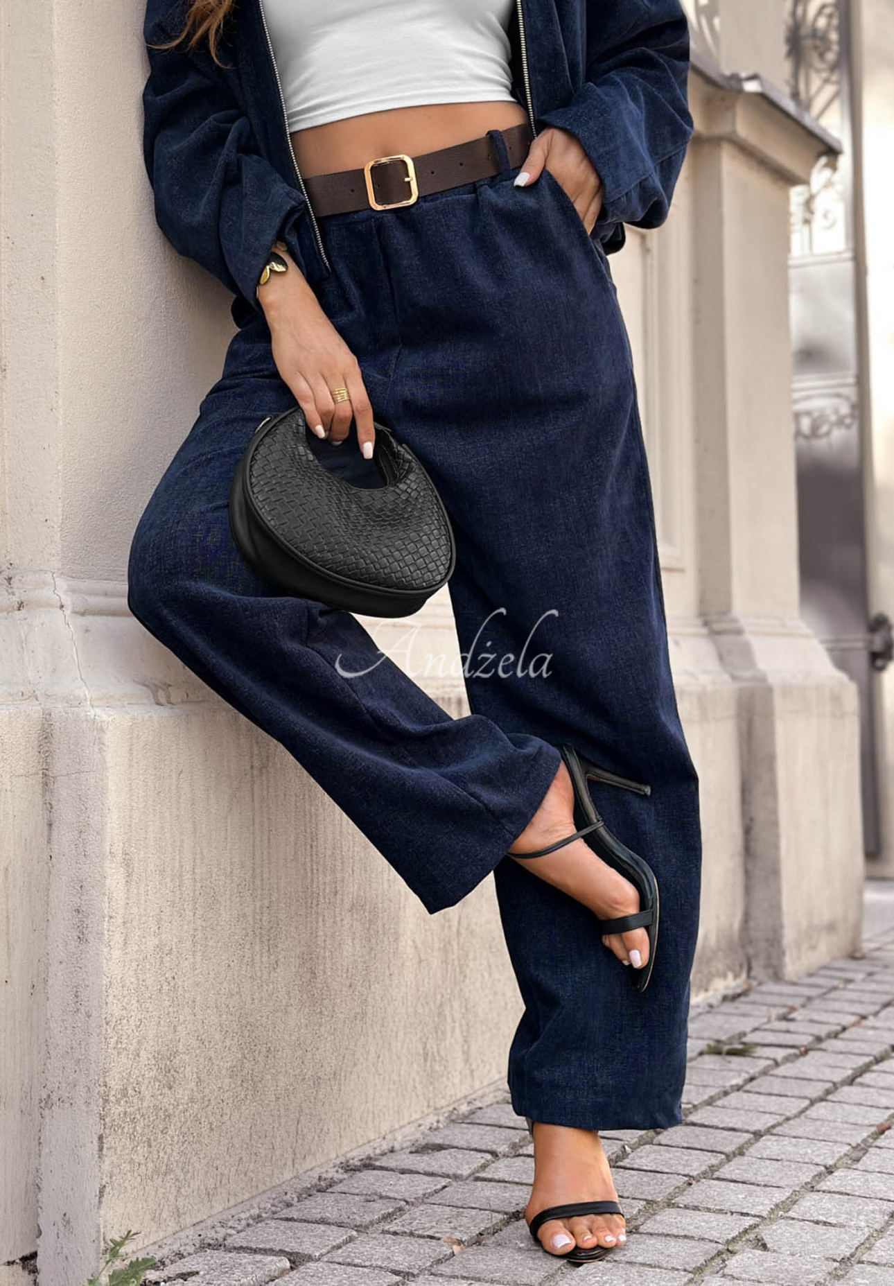 Pantaloni wide leg cu curea Grey Skies