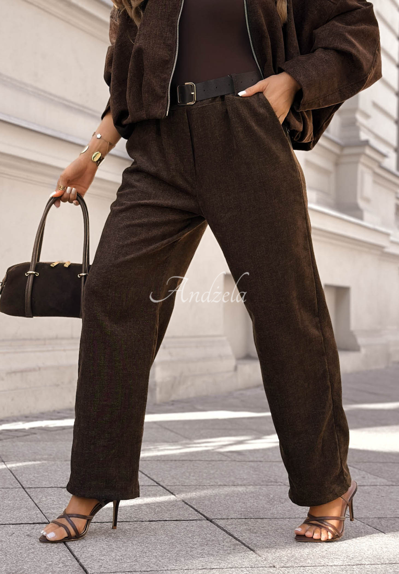 Pantaloni wide leg cu curea Grey Skies