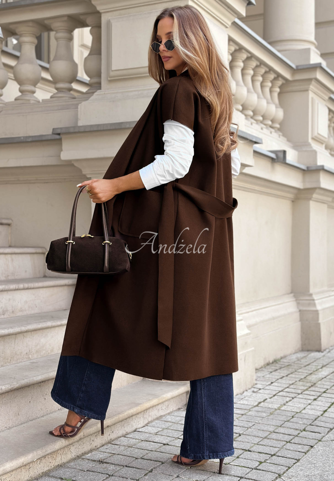 Cardigan lung elegant cu curea Espresso Date