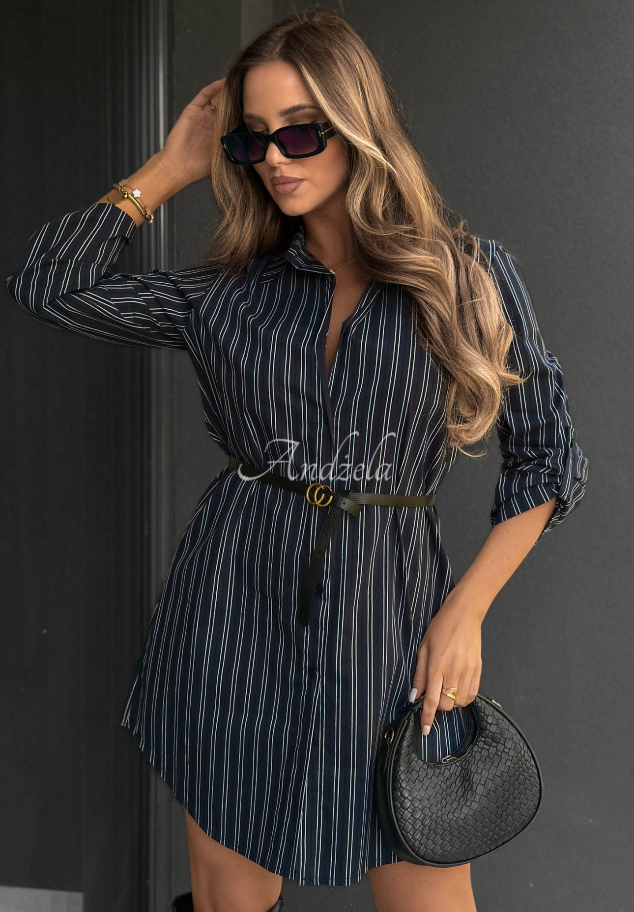 Rochie-cămașă din bumbac în dungi cu curea Warm Elegance