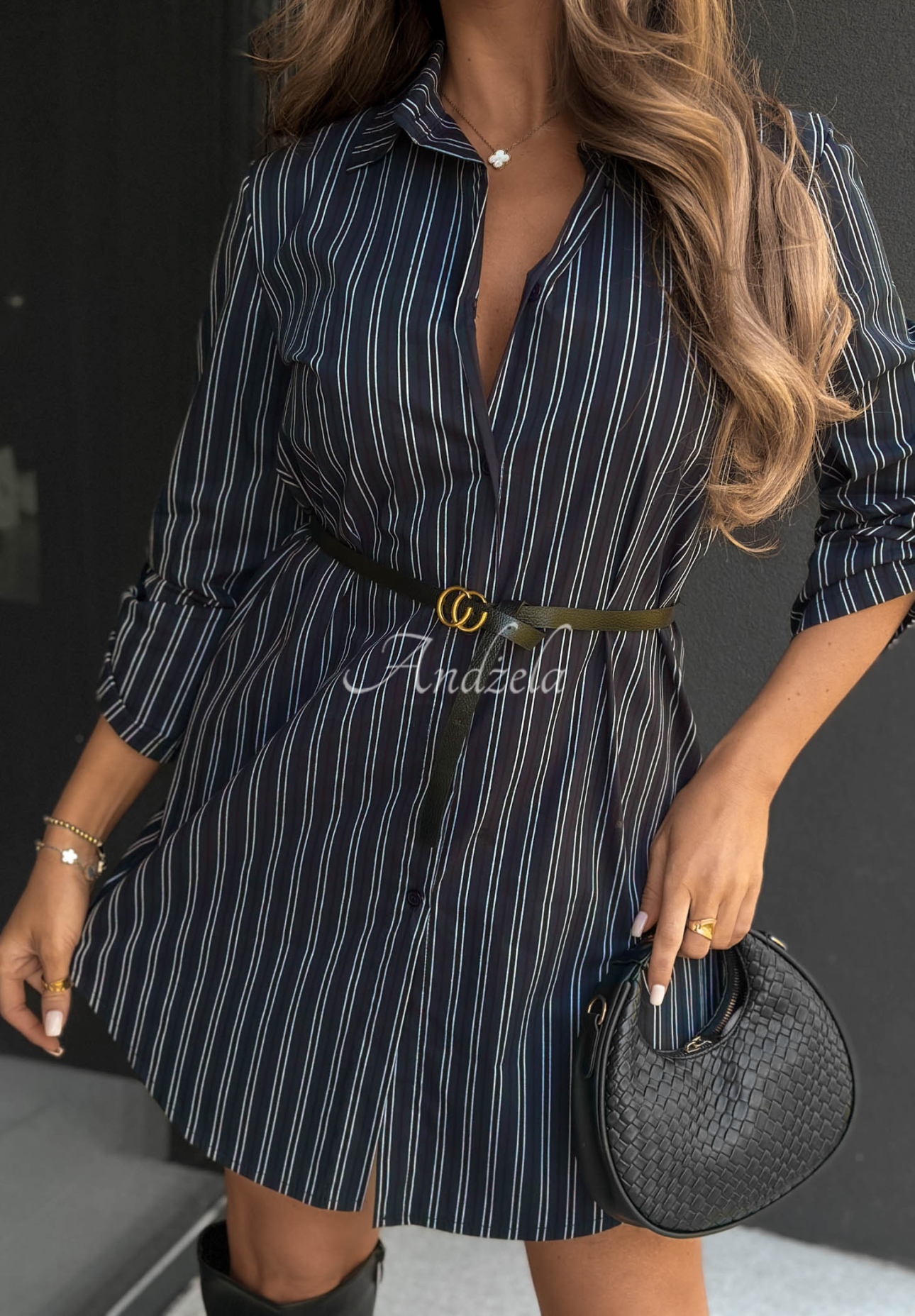 Rochie-cămașă din bumbac în dungi cu curea Warm Elegance