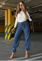 Pantaloni din denim mom fit z wiązaniem Hello Friday albastre