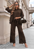 din material textil Pantaloni wide leg z koronką Brown Sugar ciocolatii