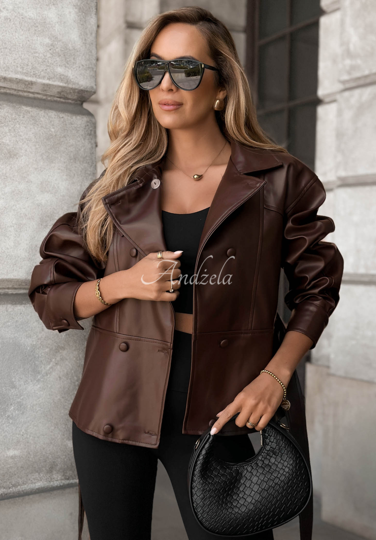 Pardesiu scurt din piele cu curea Lady Mist