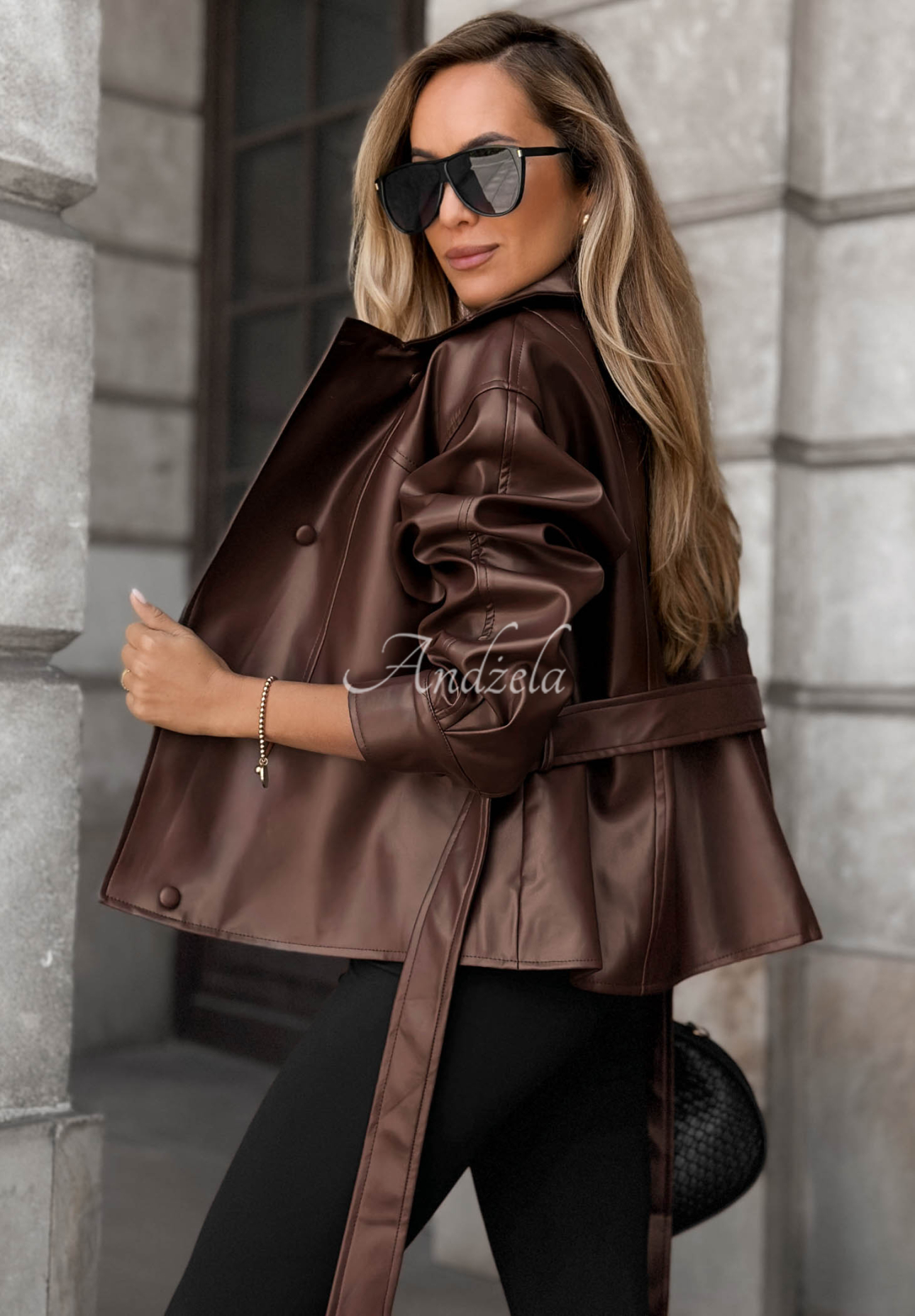 Pardesiu scurt din piele cu curea Lady Mist