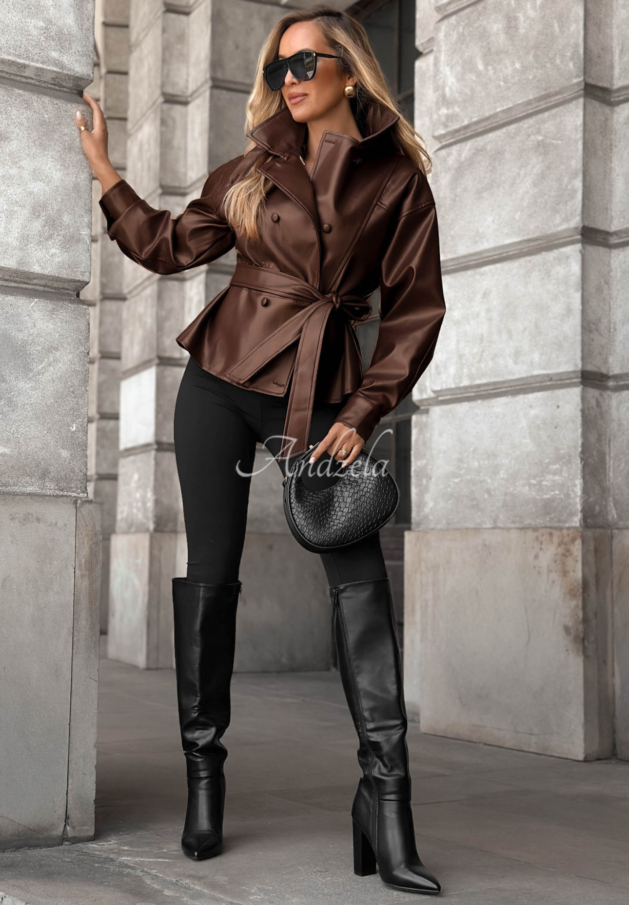 Pardesiu scurt din piele cu curea Lady Mist