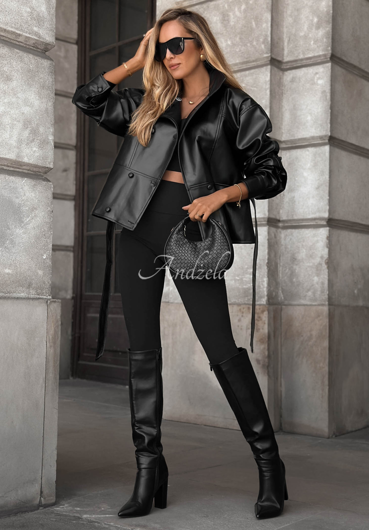 Pardesiu scurt din piele cu curea Lady Mist