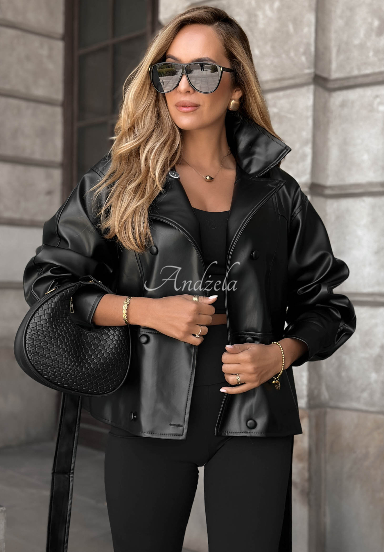 Pardesiu scurt din piele cu curea Lady Mist