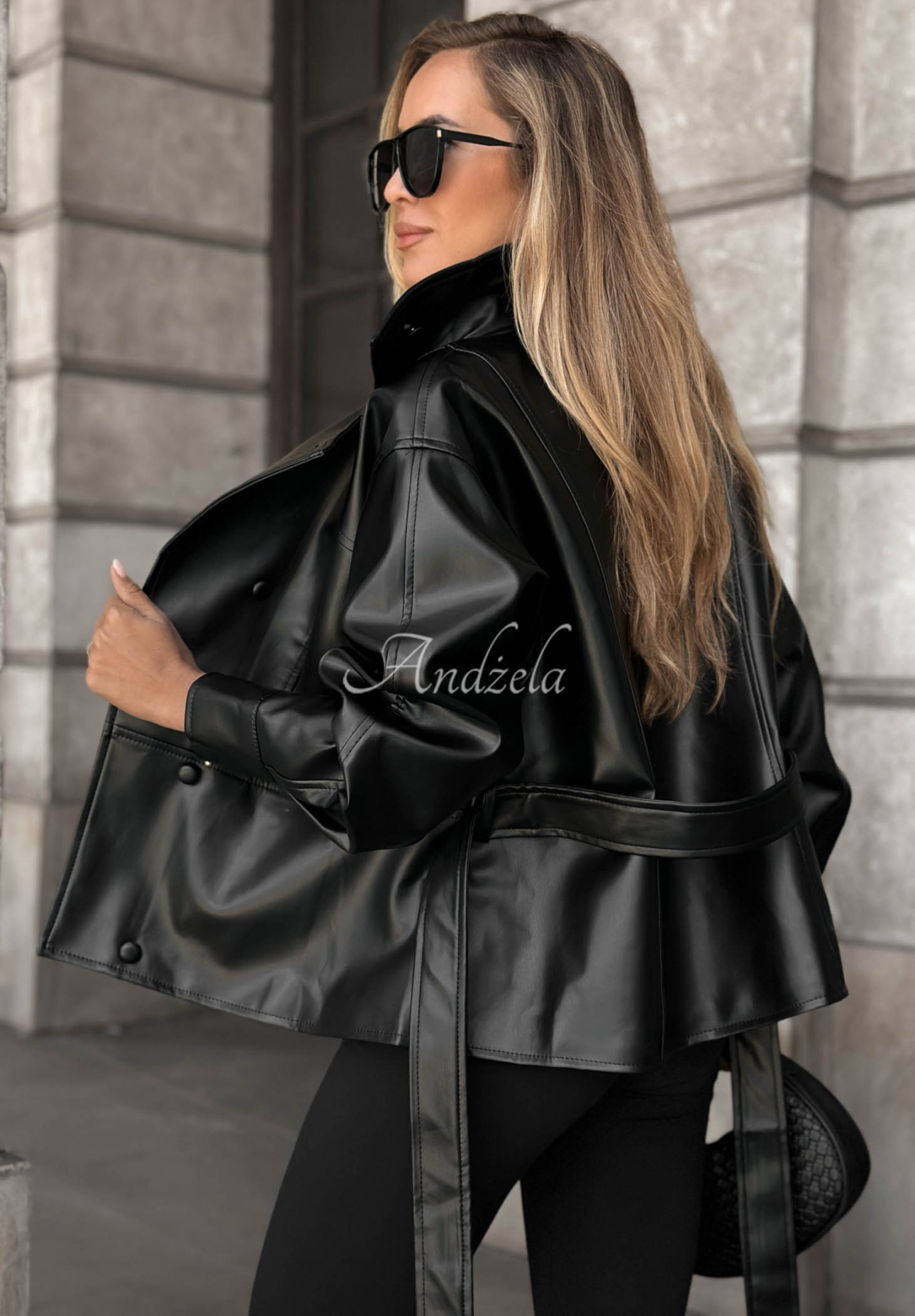Pardesiu scurt din piele cu curea Lady Mist