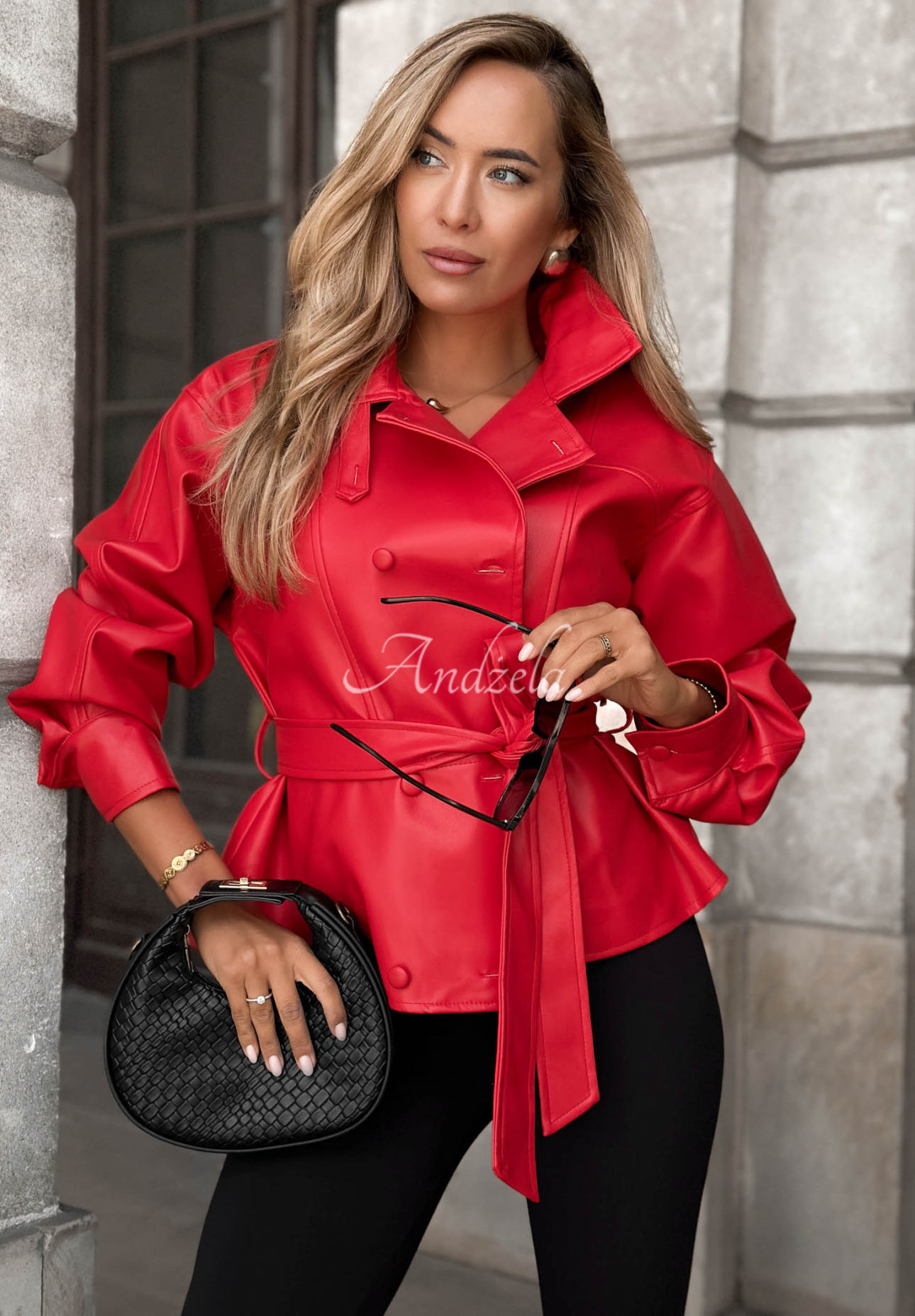 Pardesiu scurt din piele cu curea Lady Mist