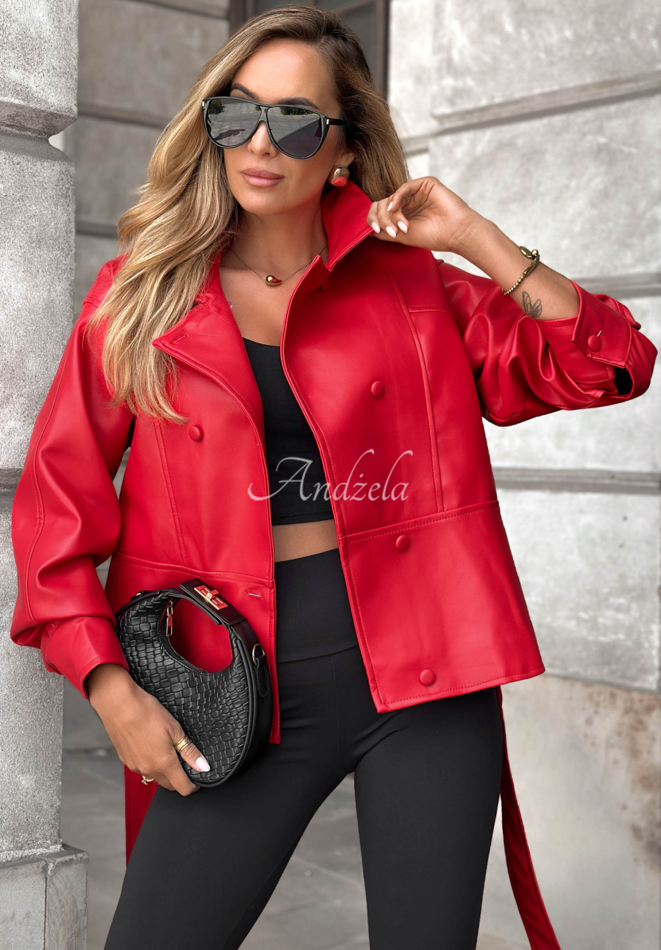 Pardesiu scurt din piele cu curea Lady Mist