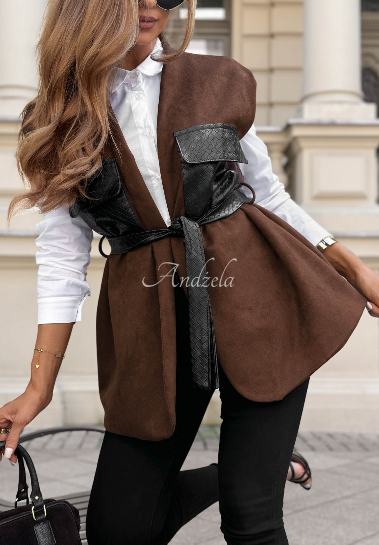 Vestă din piele întoarsă cu curea și buzunare Modern Muse