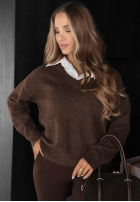 Pulover oversize z koszulowymi wstawkami Golden Aura ciocolatiu