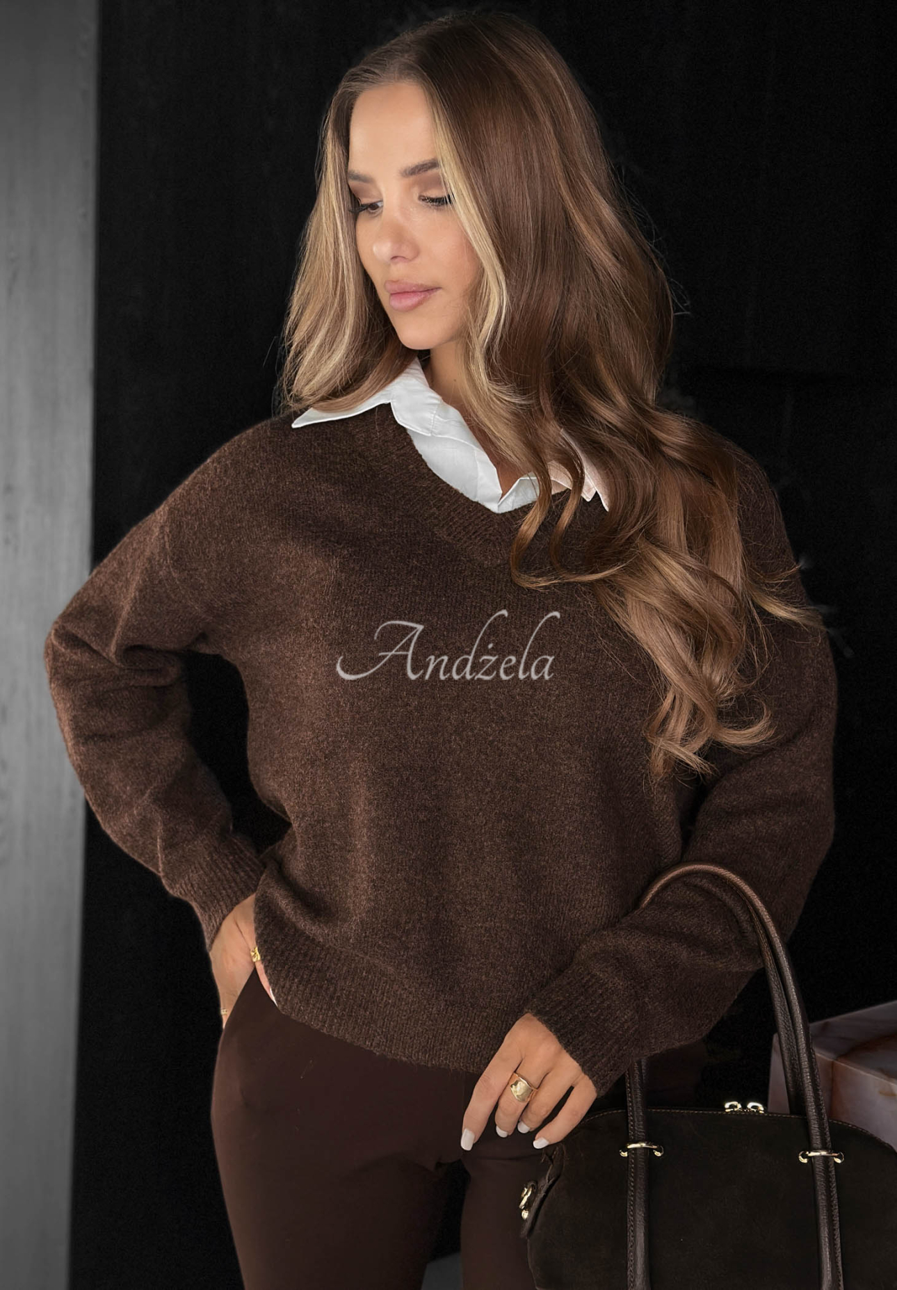 Pulover cu guler tip cămașă, cu viscoză și lână Golden Aura