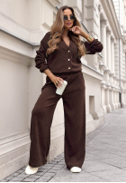 Prążkowany Compleu Pulover i Pantaloni wide leg Simple Escape ciocolatiu