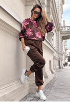 Welurowy Compleu de trening w kwiaty Floral Kiss ciocolatiu