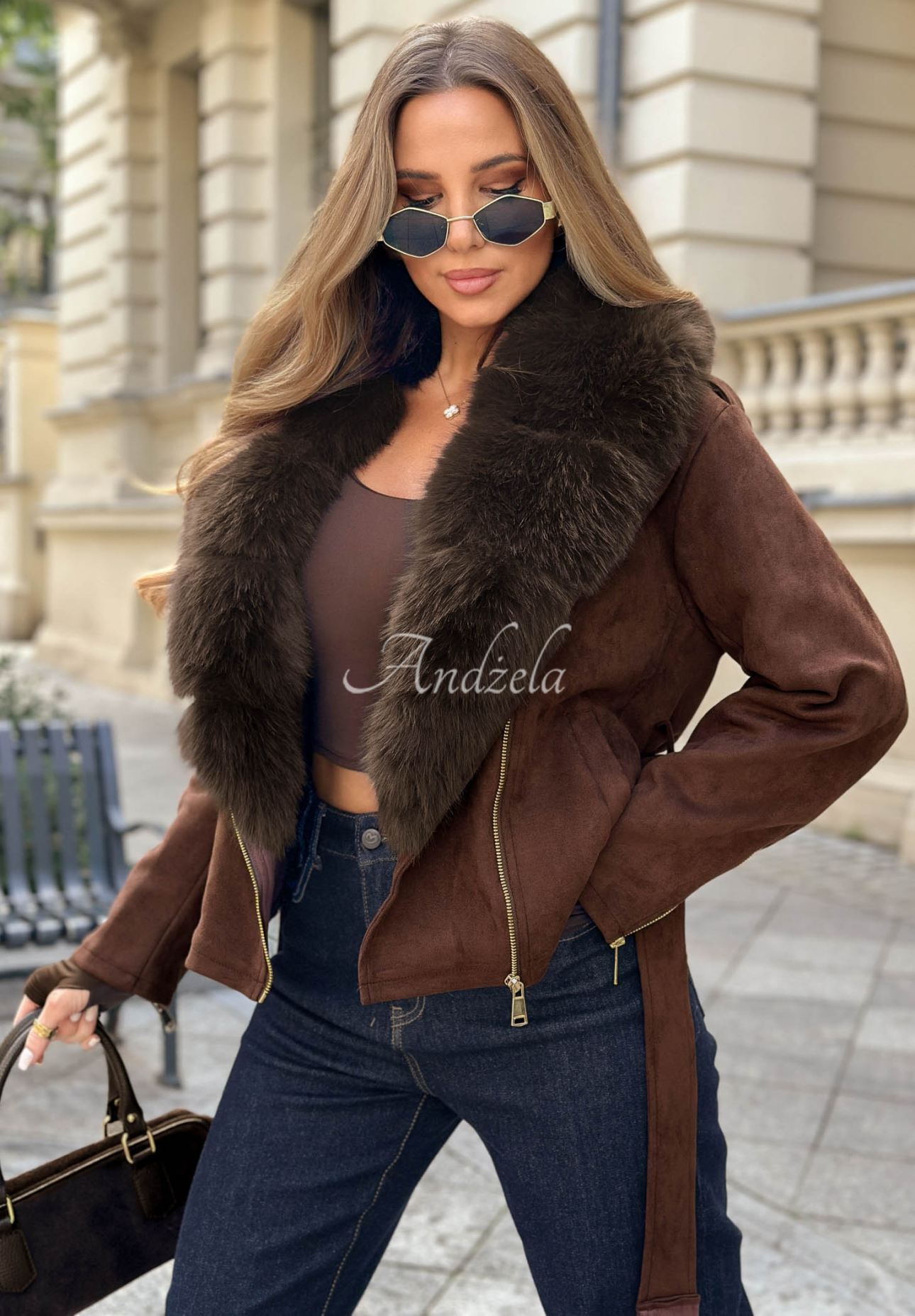 Geacă scurtă din piele întoarsă cu blăniță Cinnamon Mood