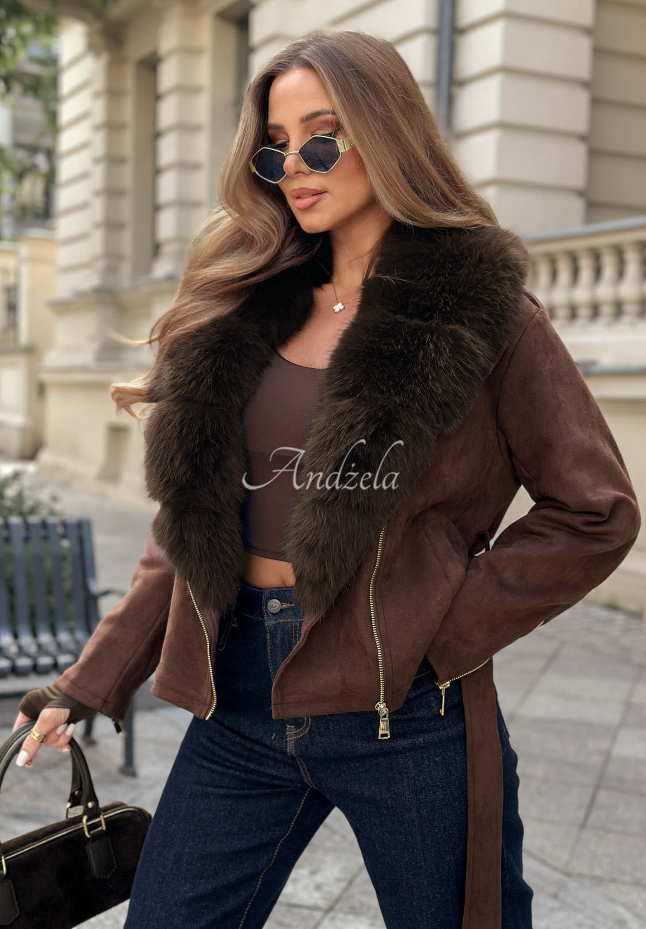 Geacă scurtă din piele întoarsă cu blăniță Cinnamon Mood