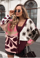 Wzorzysty Cardigan z łączonych tkanin z wiskozą Slow Down burgundowo-roz