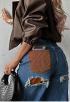 Pantaloni din denim straight z przetarciami i kryształkami Lunar Shine bluemarin