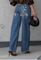 Pantaloni din denim straight z przetarciami i kryształkami Lunar Shine bluemarin
