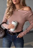 Bluză longsleeve w paski z szerokim dekoltem Cloudy Whisper roz pudră