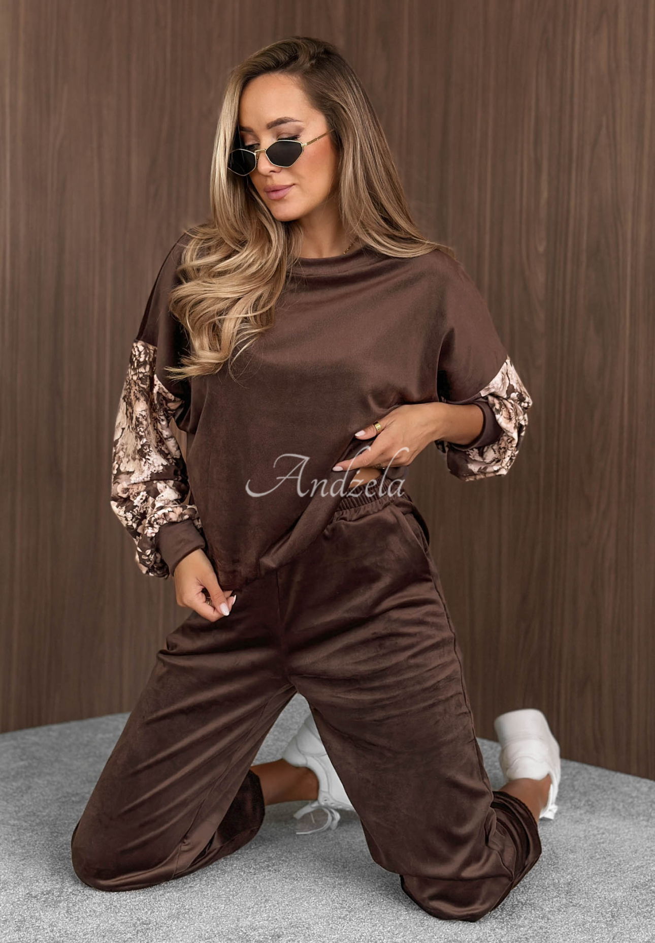 Set de trening din catifea de bumbac cu mâneci cu imprimeu floral Flora Cold